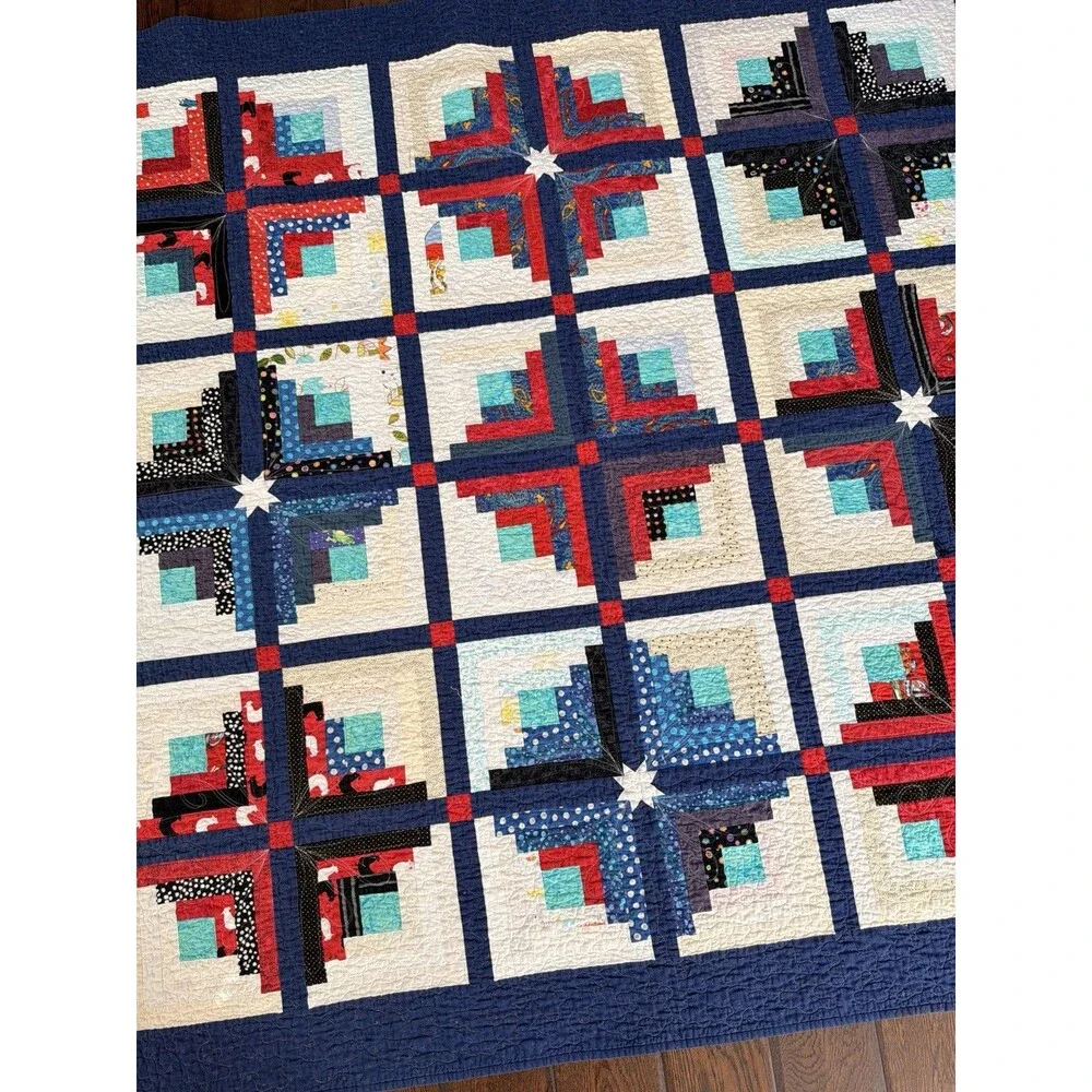 Handmade Log Cabin Patchwork Quilt 57.5x57 Chicken Backing Red Blue Throw